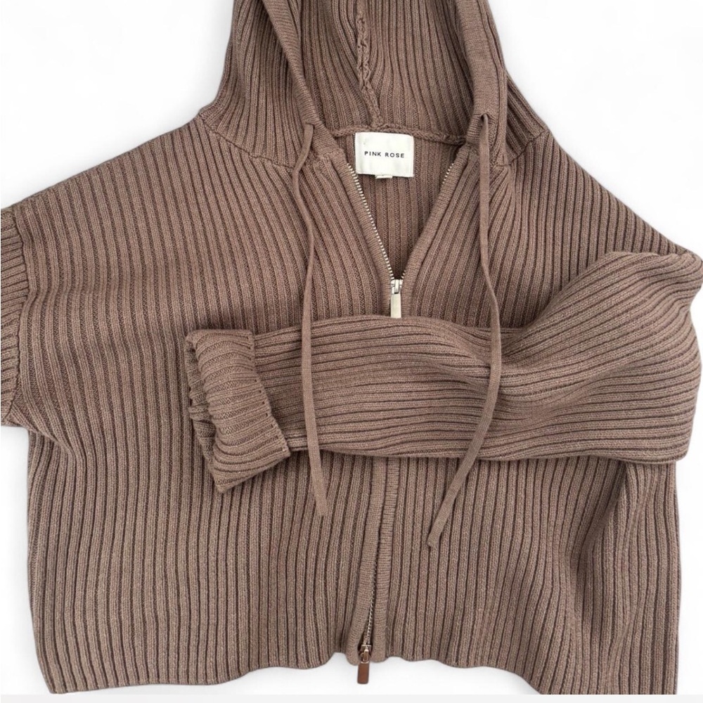 Pink Rose Women's Taupe Ribbed Hoodie Sweater